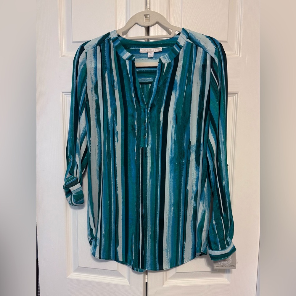 Green and Blue Relaxed Blouse with Mandarin Collar